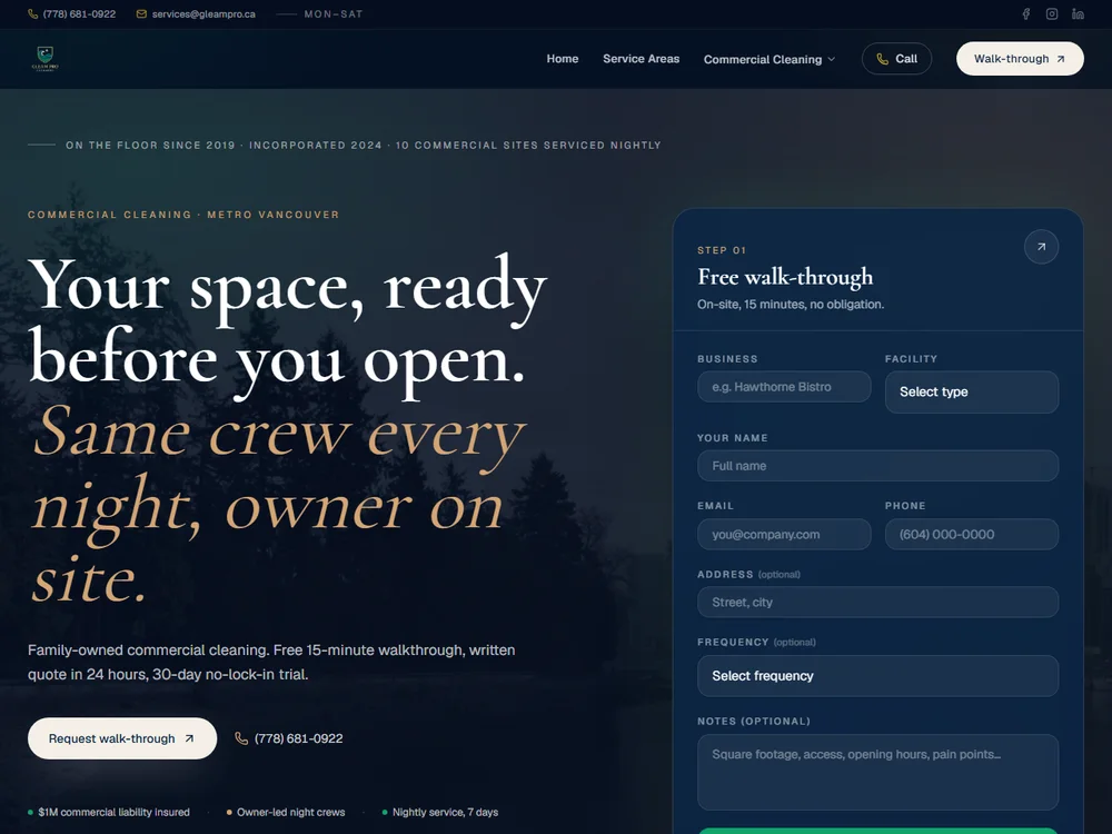 Gleam Pro Cleaning commercial cleaning website homepage